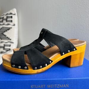 UGG Australia Jennie Black Leather Studded Boho Wooden Clog Sandals Size 9